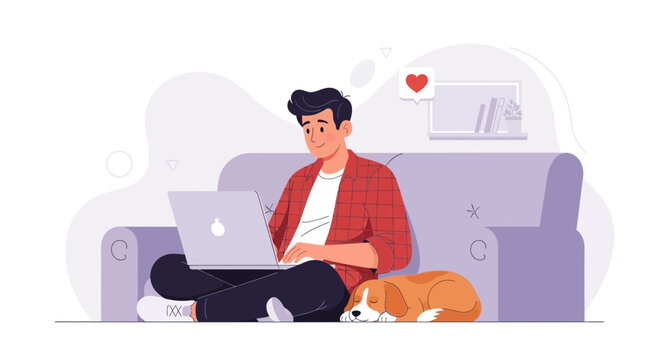 Modern flat illustration of a man working on a laptop with his dog sleeping beside him on a couch, symbolizing remote work and comfort.