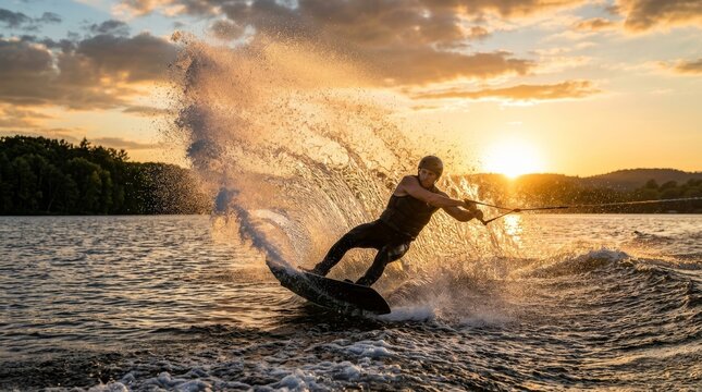 A wakeboarder carves through spray at sunset on a lake.
