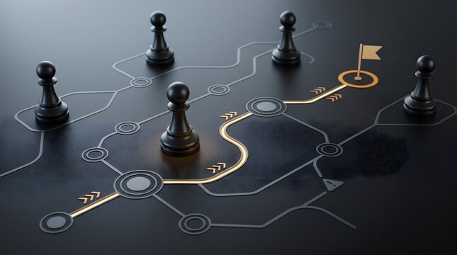 Strategic business roadmap and goal achievement concept showing chess pawns navigating glowing path towards a success flag