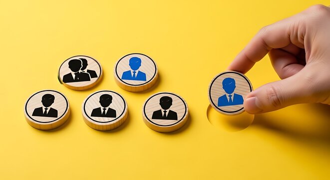 Recruitment and talent selection concept, hand picking wooden person icon on yellow background, human resources management
