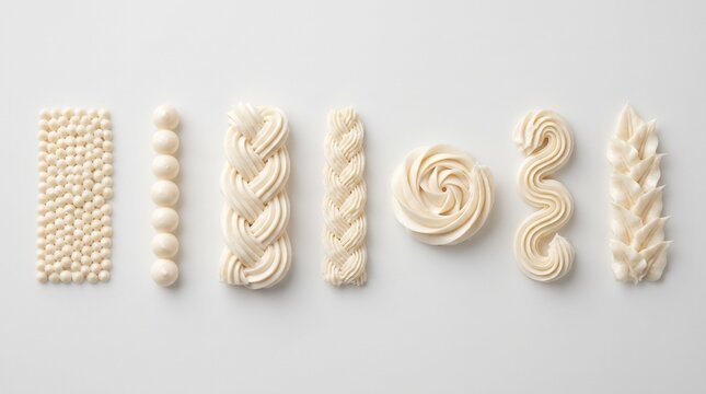 White buttercream frosting swirls, decorative cake piping techniques, whipped cream borders on white background