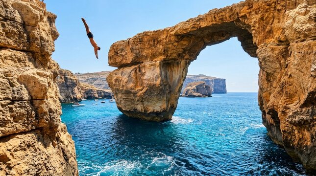 A diver leaps from a rocky cliff beside a natural arch into blue sea