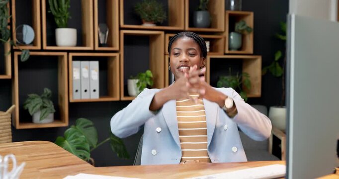 Office, computer and black woman relax with stretching, project and article submission by copywriter. Happy, female person and rest in workplace with desktop, complete copywriting task or send email.