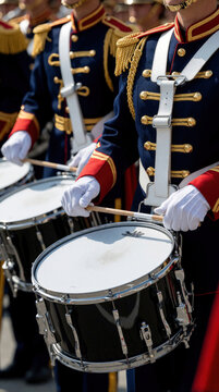 Close up of marching band drummers in formal blue uniforms with gold epaulettes. Musicians wear white gloves, play snare drums during parade. Pro percussionists perform rhythmic music at ceremony