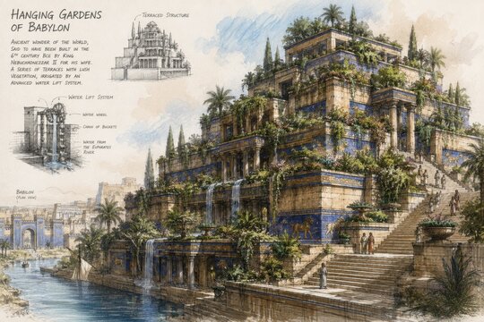 Hanging Gardens of Babylon Ancient Wonder of the World, Terraced Gardens with Waterfalls and Water Lift System from the Euphrates, Vintage Scientific Reconstruction Plate, Watercolor Illustr
