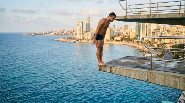 Shirtless man stands on a seaside diving platform overlooking the city.