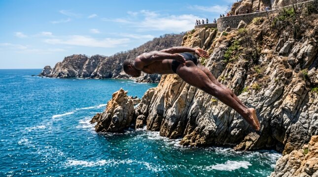 A man dives from a rocky cliff into the sea.