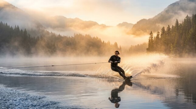 A man waterskis across a misty lake near forested mountains.
