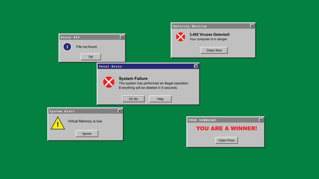 Retro Window 95 Style Error Message Popups Digital Graphic for Cyber Security Awareness Computer Virus Malware Scam and Software Failure Concept Wallpaper