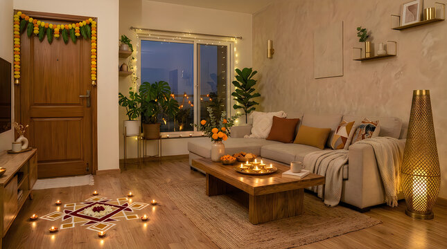 A warmly lit living room decorated for a festive holi celebration with traditional elements
