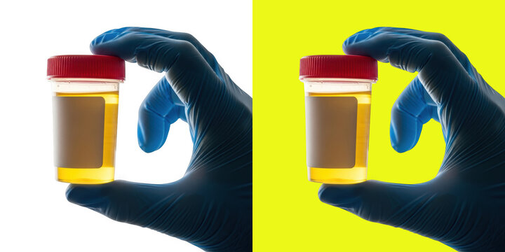 Gloved Hand Holding A Urine Specimen Cup On A Split Background