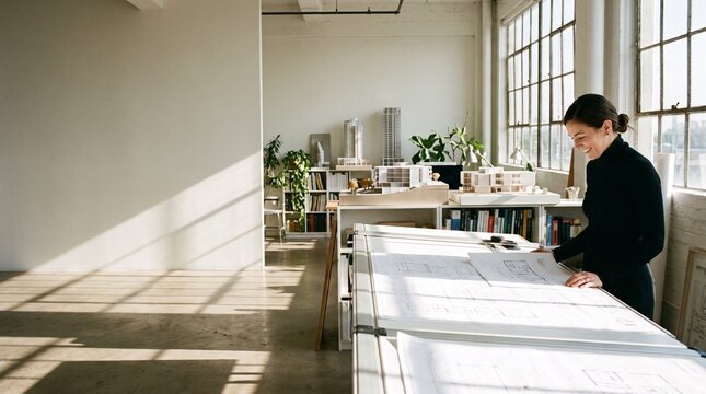 A woman architect reviews blueprints at a large drafting table in a sunlit studio with architectural models and plants.