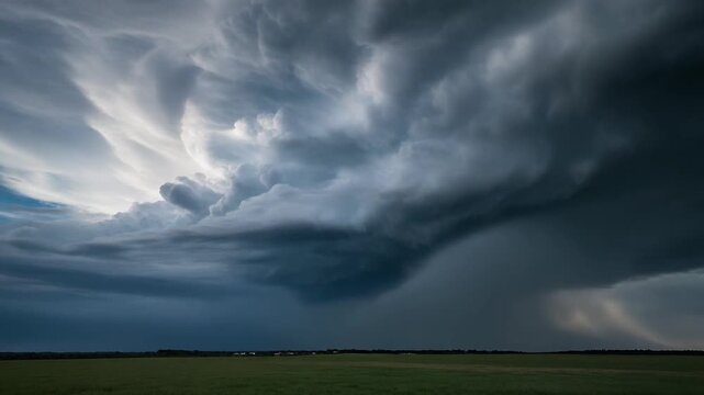 Dramatic dark storm clouds fill the sky with an ominous and powerful atmosphere.
