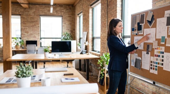 A woman in a dark blazer points to a mood board in a modern, open-plan office with exposed brick walls.