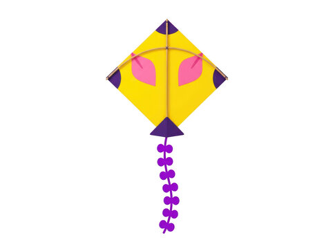 Colorful yellow kite with purple accents and long tail isolated on transparent background