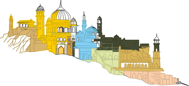 castle on the lake,Hand drawn ancient colorful oriental palace skyline vector sketch