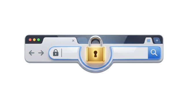 Secure web browser address bar with search field and central padlock protection symbol, isolated on transparent background for browser security, HTTPS, privacy and safe browsing concepts, IT use