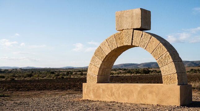 Freestanding limestone arch carrying a centered masonry load