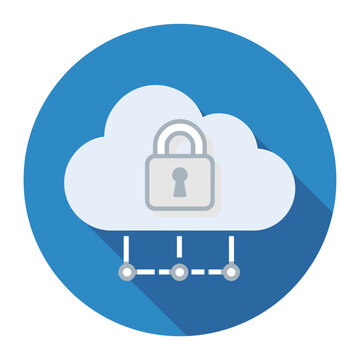 Flat design vector icon of a white cloud with a central padlock and network connection nodes on a blue circular background representing cloud security and protected data storage.
