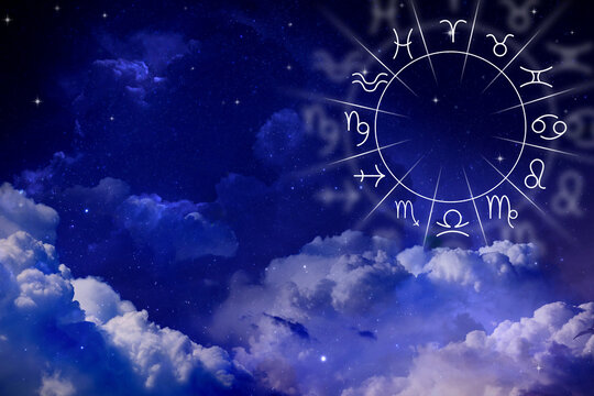 Astrological wheel with horoscope symbols against night sky with stars. Illustration