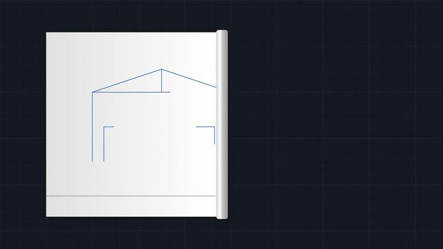 White paper roll unrolling to reveal a house architectural blueprint on dark grid background