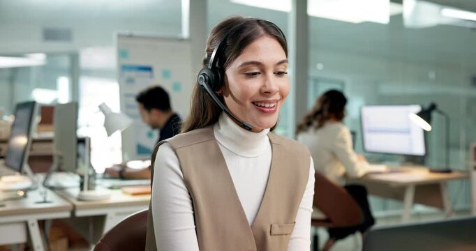 Call center, smile and woman with laptop in business, lead generation or communication with headset. Telemarketing, consultant and happy person with tech, discussion and explaining services with mic