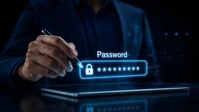 Businessman in suit pointing stylus pen at glowing digital password lock screen for cyber security, data privacy, and user authentication concept
