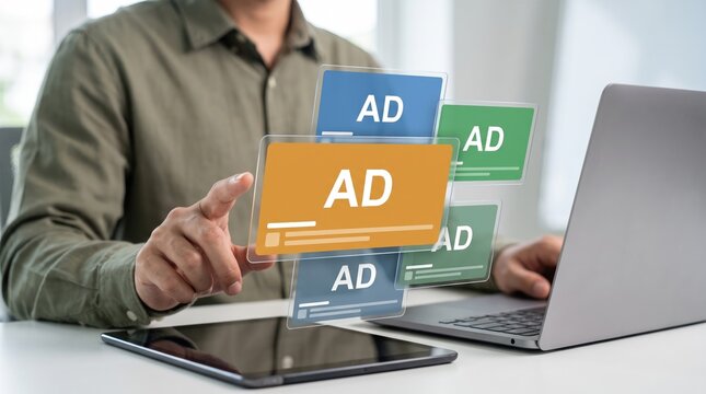 Digital advertising campaign concept showing interactive ad placements for online marketing, audience targeting, brand promotion, and performance-driven customer engagement