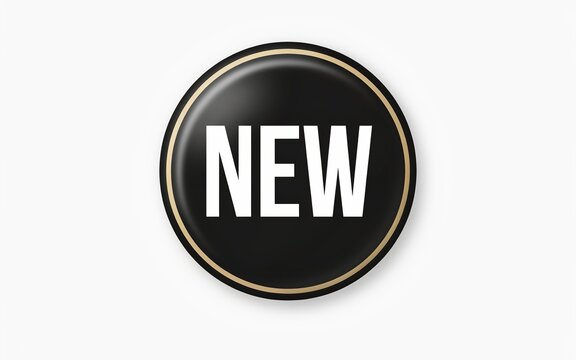 Glossy black circular sticker with white N E W text and gold border circle label