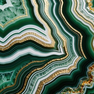 Abstract elemental design juxtaposing intense green shades with shimmering gold interludes across dynamic undulating forms resembling layered crystal plumes rendered with radiant refracted light