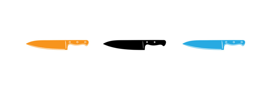 Set of three stylized kitchen knife icons in orange black and blue colors on a white background