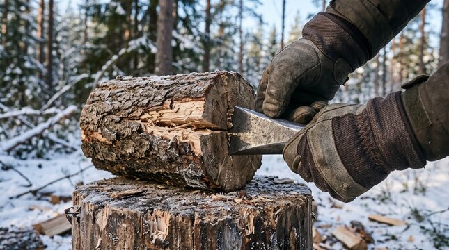 Steel wedge begins a controlled split in winter firewood log
