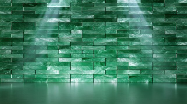 Green Marble Tile Wall with Spotlight and Reflective Floor