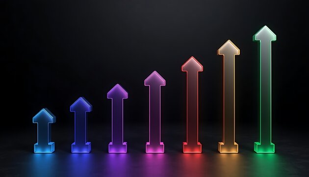 Gradient neon bar chart arrows showing vertical growth on dark studio background.