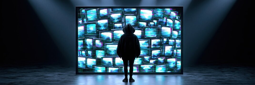 Hooded figure stands before a large screen displaying a collage of static-filled vintage televisions.