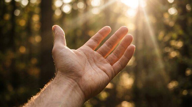 Open hand reaching up towards bright sunrays filtering through green leafy trees in an outdoor forest setting symbolizing hope healing and spiritual connection to nature.