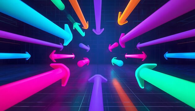 Multiple glowing neon arrows converging in center illustrate focus point.
