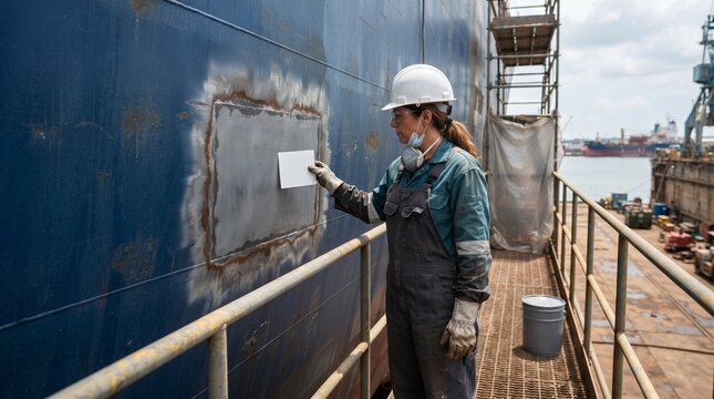 Marine crew inspects cleaned steel before protective coating