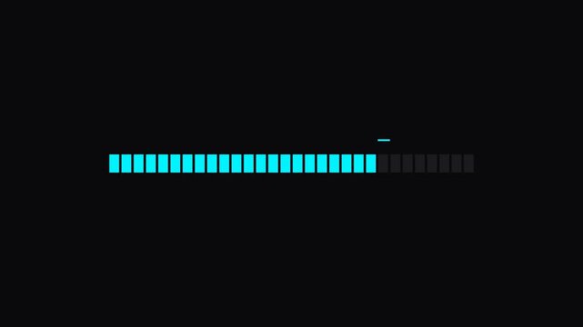 Cyan Digital Loading Bar Progress Animation with Neon Segmented Blocks Isolated on Black Background