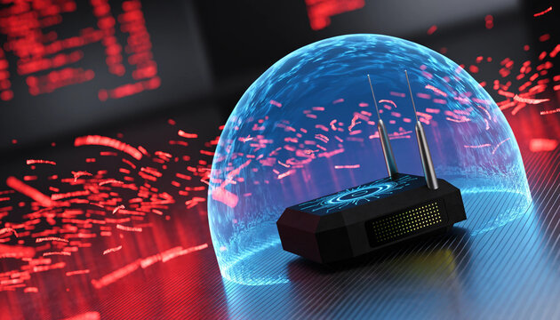 A futuristic router device emitting a spherical dome of transparent blue energy that repels erratic red digital sparks.  