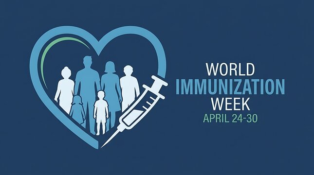 World Immunization Week banner with a family inside a heart shape and a medical syringe on a dark blue background