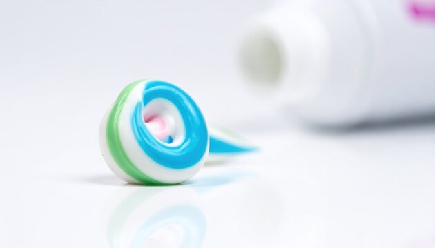 Green and blue striped toothpaste swirl near tube.