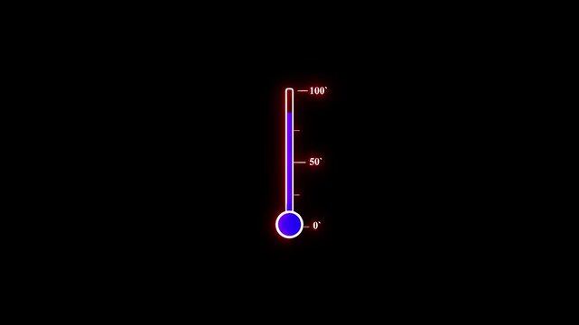 Glowing Neon Thermometer Animation Showing Rising Blue Liquid Temperature with Burst Alert