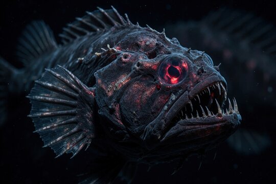 Black dragonfish shows sharp teeth and glowing red eye. This deep sea predator swims in dark ocean abyss. Creature has bioluminescent lure and scary appearance, hunts prey underwater at night.