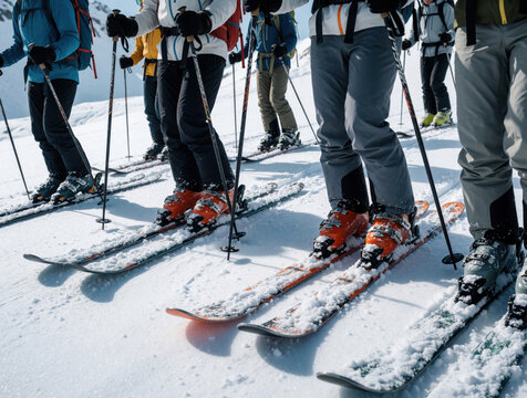 Ski touring group ascends snowy mountain slope on skis and splitboards. People hike uphill in winter using ski poles and boots for adventure.