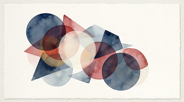 Abstract watercolor composition with overlapping geometric circles and triangles in muted blue and red tones on paper