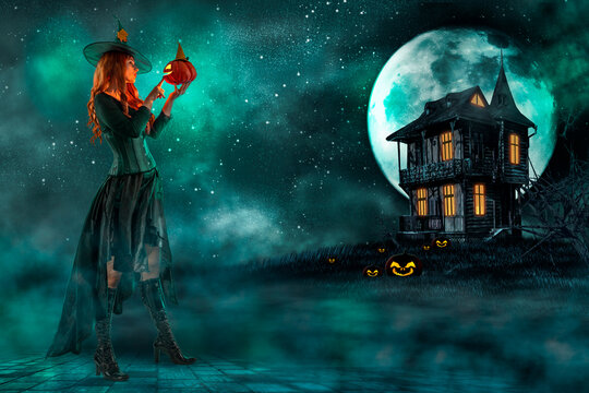 Witch on Halloween. Female wizard fairy character for All Saints' Day. Fantasy gothic red-haired Vampire girl in black dress. Enchantress dressed in carnival costume