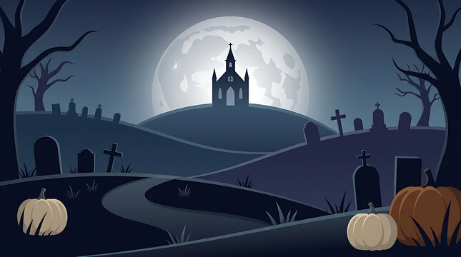 Spooky Halloween graveyard scene with pumpkins, full moon, and silhouette church background