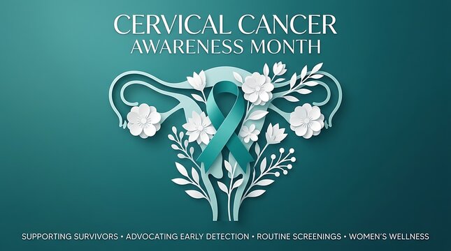 Cervical Cancer Awareness Month background with teal ribbon and floral uterus illustration for women health education