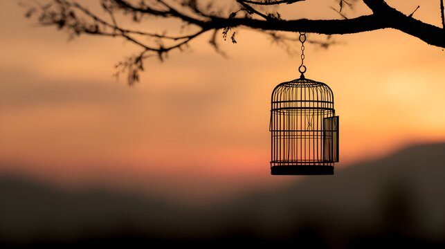 Open birdcage hanging from tree branch against golden sunset sky symbolizing freedom with captures silhouette open glowing orange sunset metal birdcage